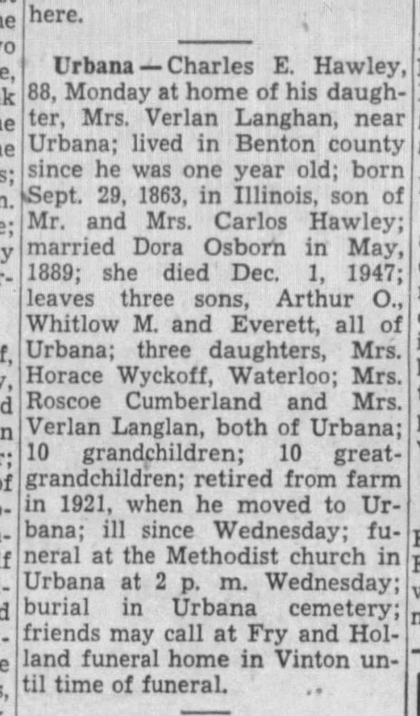 Charles E Hawley, obit
